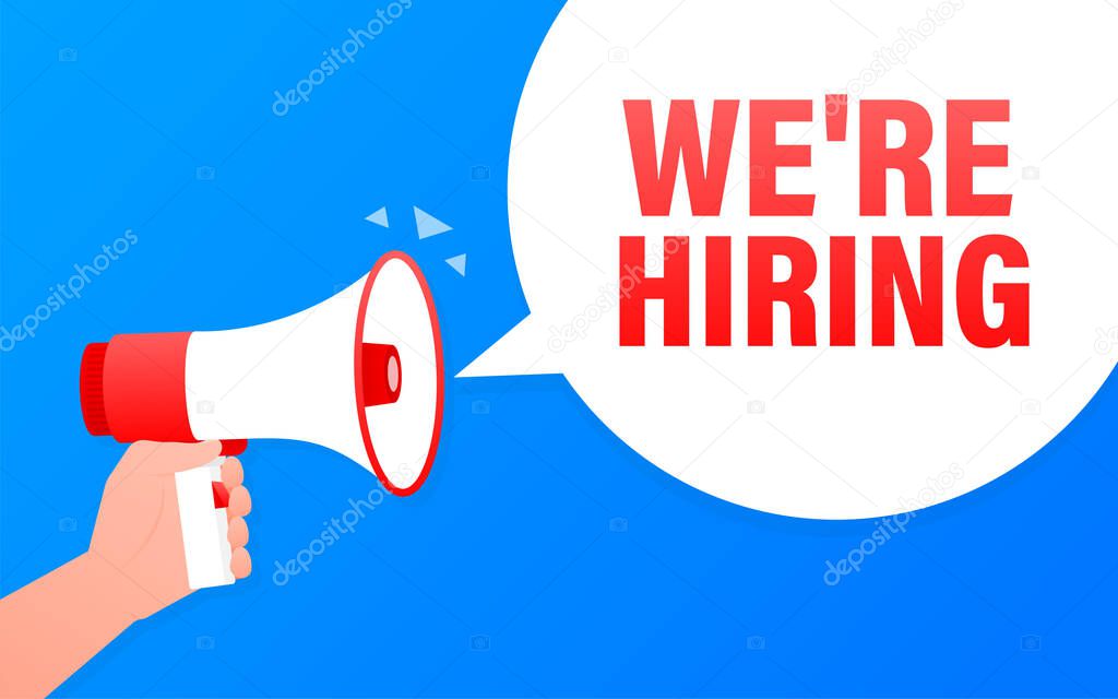 We are hiring megaphone blue banner in flat style. Vector illustration.