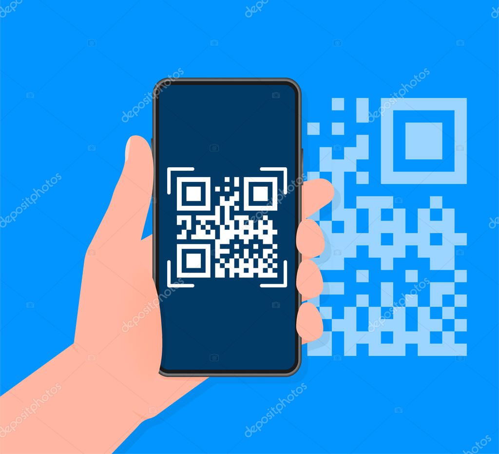 Hand holds phone with scan qr code to pay on screen. Phone on blue background. Vector illustration