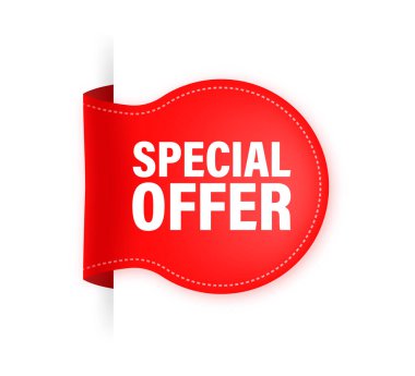 Özel teklif kırmızı kurdele ya da fiyat etiketi. Gerçekçi rozet. Vektör illüstrasyonu.