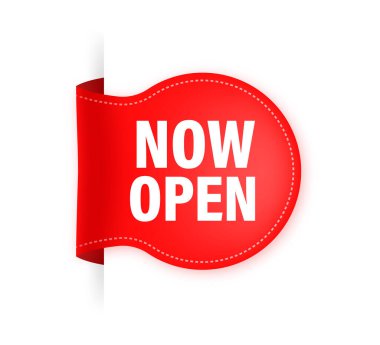 Vektör şimdi kırmızı bayrağı aç. Düz stil ile etiketle. Vektör illüstrasyonu.