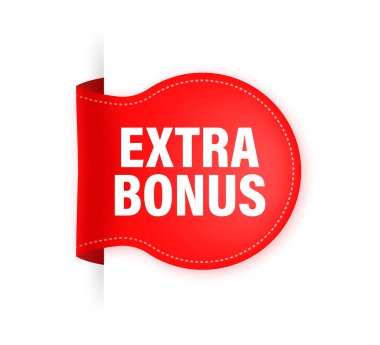 Fazladan ikramiye. Gerçekçi kırmızı kurdele. Ürün reklamı. Web tasarımı. Vektör illüstrasyonu.