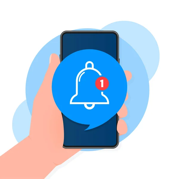 Tasainen malli, jossa on kellohälytys ja älypuhelin sinisellä taustalla mobiilisovellusten suunnitteluun. Käyttöliittymä. Kommentti merkki symboli. Vektoriesimerkki. — vektorikuva