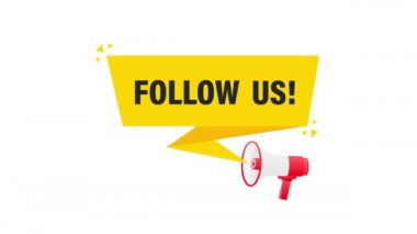 Beyaz arka planda 3 boyutlu megafon sarısı afiş ile bizi takip edin. Hareket grafikleri.