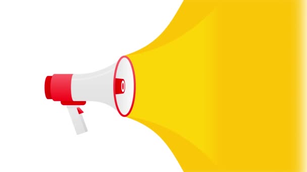 Coming soon megaphone yellow banner in 3D style on white background. Motion graphics. — Stock Video