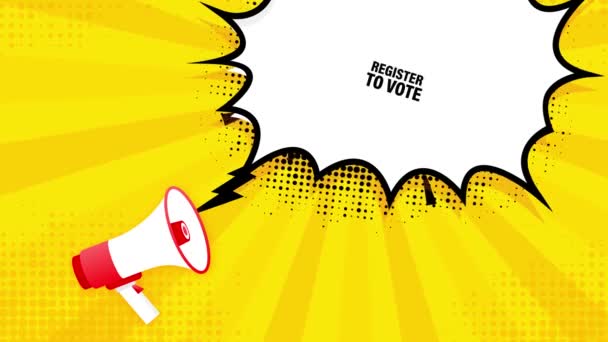 Зарегистрируйтесь, чтобы проголосовать мегафоном с желтым баннером. Графика движения. — стоковое видео
