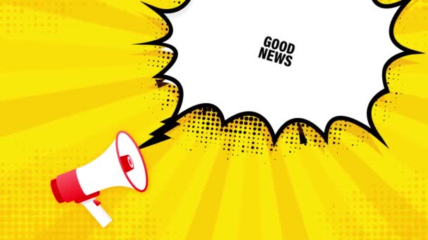 Banner amarillo megáfono de Good News en estilo 3D. Un altavoz. Gráficos en movimiento. — Vídeos de Stock