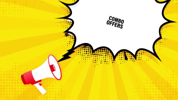 Combo biedt megafoon gele banner in 3D stijl. Bewegingsgrafiek. — Stockvideo