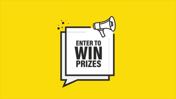 Enter för att vinna priser megafon gul banner i 3D-stil. Rörlig grafik. — Stockvideo