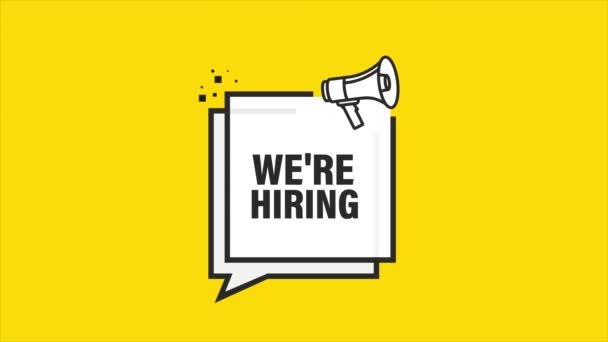 We are hiring megaphone yellow banner in flat style. Motion graphics. — Stock Video