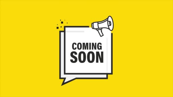 Coming soon megaphone yellow banner in 3D style. Motion graphics. — Stock Video