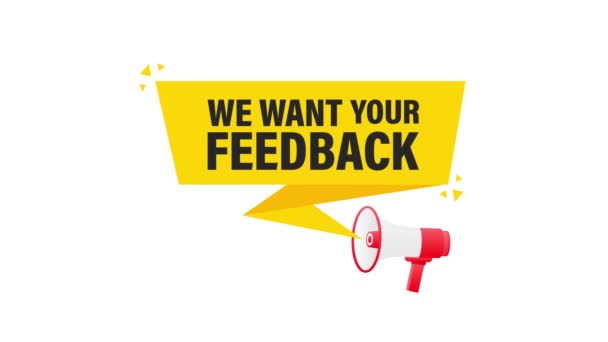 Vi vill ha din feedback megafon gul banner i 3D-stil. Rörlig grafik. — Stockvideo