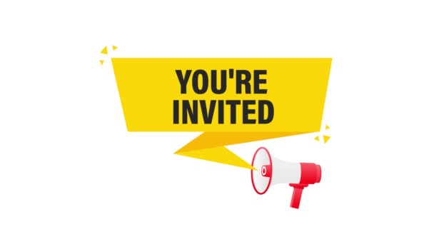 You are invited megaphone yellow banner in 3D style on white background. Motion graphics. — Stock Video