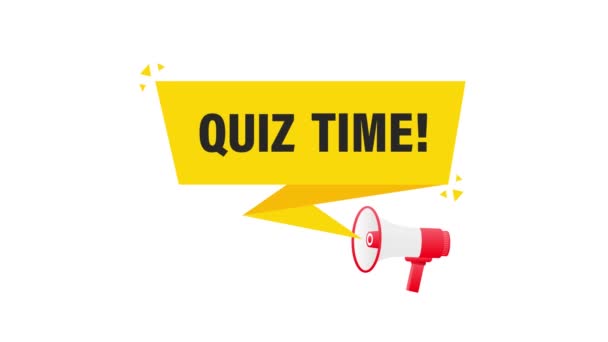 Quiz tempo megafone banner amarelo em estilo 3D no fundo branco. Gráficos de movimento. — Vídeo de Stock