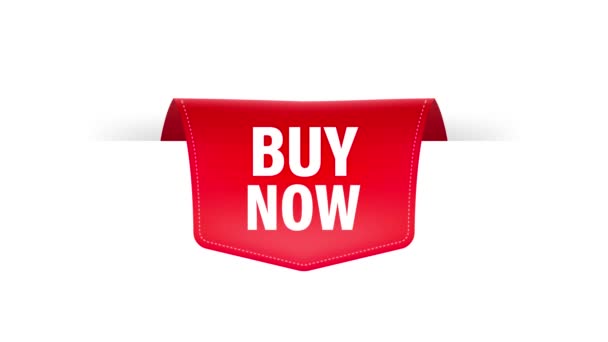 Red buy now ribbon on black background. Buy offer sticker. Motion graphics. — Stock Video