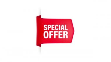 Özel teklif kırmızı kurdele ya da fiyat etiketi. Gerçekçi rozet. Hareket grafikleri.