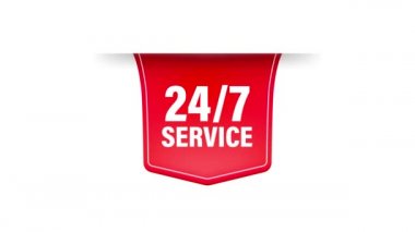 Günün 24 saati ve haftanın 7 günü ikonu, kırmızı kurdele beyaz arka planda izole edilmiş. Hareket grafikleri.