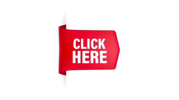 Ikoon met klik hier rood lint op witte achtergrond voor web marketing design. Platte heerschappij. Bewegingsgrafiek. — Stockvideo