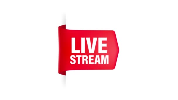 Nastro rosso live stream in stile piatto su sfondo bianco. Guarda il video. Media web. Grafica del movimento. — Video Stock