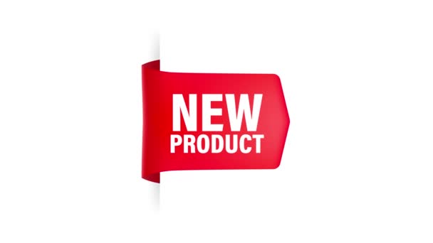 Neues Produkt. Realistisches Abzeichen in roter Farbe. Produktwerbung. Web design. Bewegungsgrafik. — Stockvideo