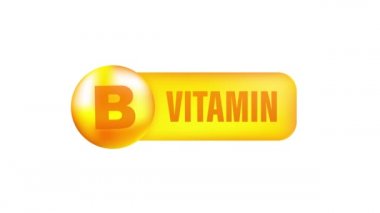 Gri arka planda gerçekçi bir düşüş gösteren B vitamini. Vitamin parçacıkları ortada. Hareket grafikleri.