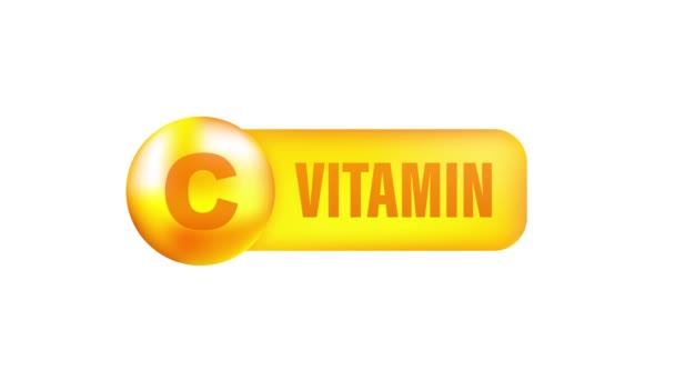 Vitamina C con caída realista sobre fondo gris. Partículas de vitaminas en el medio. Gráficos en movimiento. — Vídeos de Stock