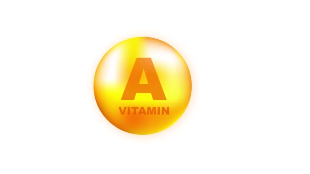 Vitamine A met realistische druppel op grijze achtergrond. Deeltjes vitaminen in het midden. Bewegingsgrafiek. — Stockvideo