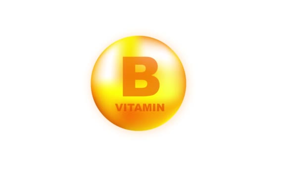 Vitamina B con caída realista sobre fondo gris. Partículas de vitaminas en el medio. Gráficos en movimiento. — Vídeos de Stock