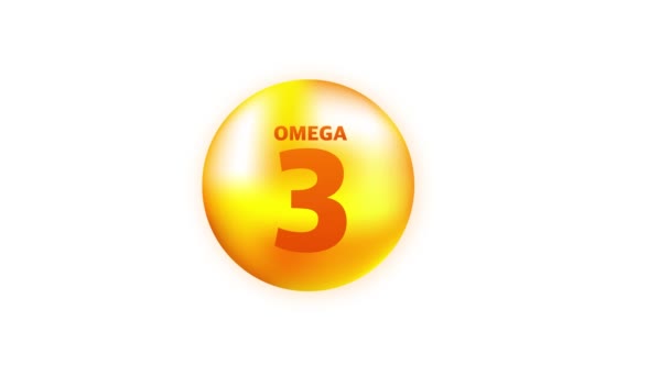 Vitamine omega 3 met realistische daling op grijze achtergrond. Deeltjes vitaminen in het midden. Bewegingsgrafiek. — Stockvideo