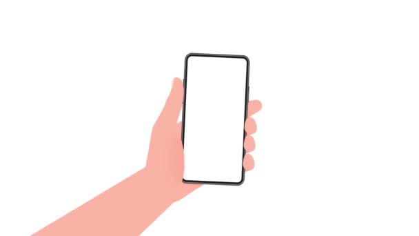 Hand holds phone with blue screen. Phone on white background. Motion graphics. — Stock Video