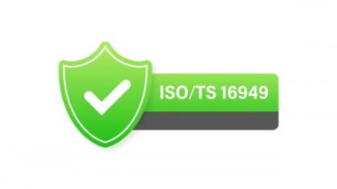 ISO TS 16949 sertifikalı rozet, ikon. Sertifika damgası. Düz dizayn. Hareket grafikleri.