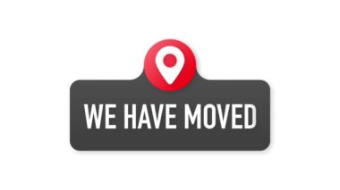 Taşındık. Beyaz arka planda düz rozet çizimi. Hareket grafikleri.