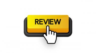 Web pazarlama tasarımı için beyaz zemin üzerinde sarı inceleme 3D düğmesi olan simge. Düz tabaka. Sosyal medya elemanı. Beyaz arka plan. Hareket grafikleri.