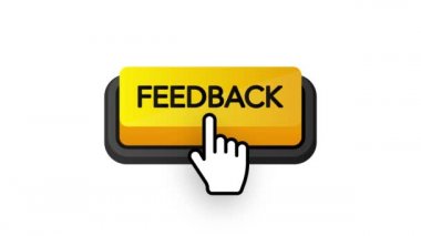 Web pazarlama tasarımı için beyaz zemin üzerinde sarı geri bildirim düğmesi olan simge. Düz tabaka. Sosyal medya elemanı. Beyaz arka plan. Hareket grafikleri.