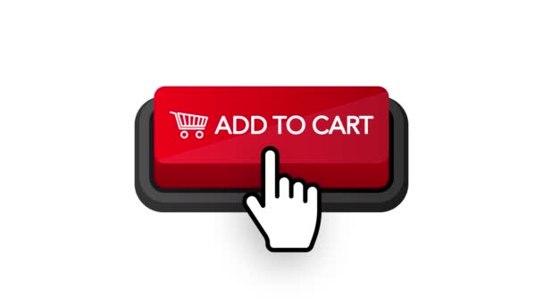 Add to card red button on white background. Hand mouse. Flat 3D button. Motion graphics. — Stock Video
