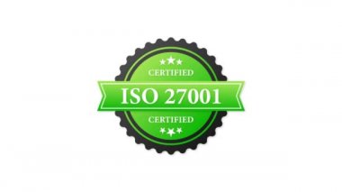 ISO onaylı 27001 yeşil kauçuk mühür ve beyaz arka planda yeşil kauçuk. Gerçekçi bir nesne. Hareket grafikleri.