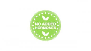 Hormon yok, antibiyotik yok, beyaz arka planda yeşil lastik damga yok. Gerçekçi bir nesne. Hareket grafikleri.