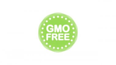 Beyaz arka planda düz şekilli Gmo serbest yeşil damga. Hareket grafikleri.