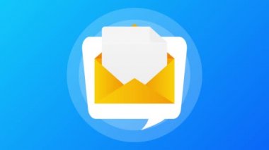 Mavi arka planda onaylanmış harflerle zarf. Konuşma baloncuğu. Hareket grafikleri.