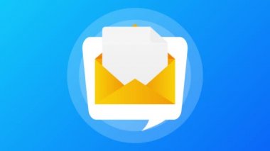 Mavi arka planda reddedilmiş harflerle zarf. Konuşma baloncuğu. Hareket grafikleri.