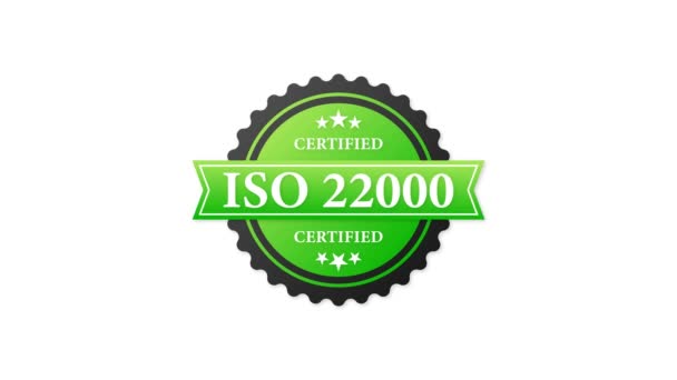 Certificado ISO 22000 selo de borracha verde com borracha verde sobre fundo branco. Objeto realista. Gráficos de movimento. — Vídeo de Stock