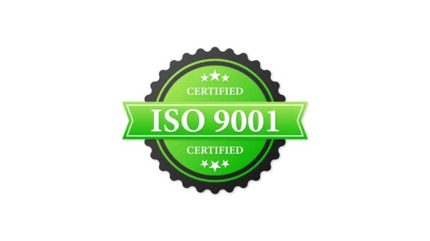Certificado ISO 9001 selo de borracha verde com borracha verde sobre fundo branco. Objeto realista. Gráficos de movimento. — Vídeo de Stock