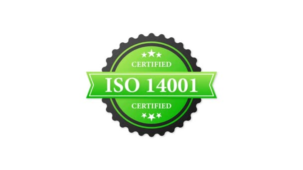 ISO сертифицировал зеленую резиновую печать 14001 с зеленой резиной на белом фоне. Реалистичный объект. Графика движения. — стоковое видео