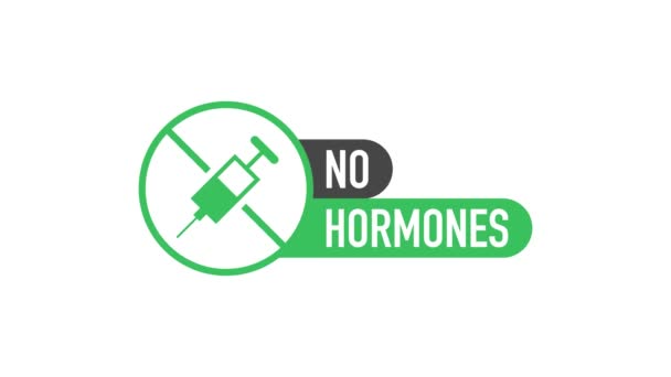 Geen hormonen, geen antibiotica groene rubberen stempel op witte achtergrond. Realistisch object. Bewegingsgrafiek. — Stockvideo