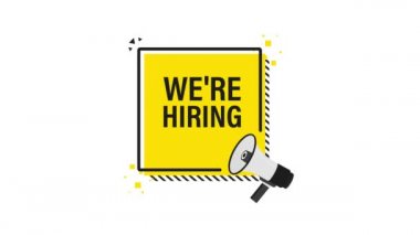 Megafonla el ele tutuşan bir erkek konuşma balonu kiralıyordu. Hoparlör. İş, pazarlama ve reklam afişi. Hareket grafikleri.