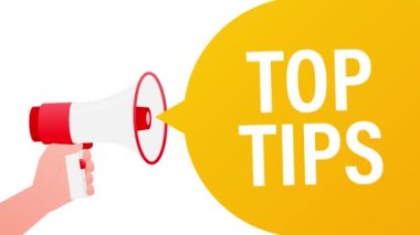 Üst uçlu megafon sarı afiş, beyaz arka planda 3 boyutlu. Hareket grafikleri.