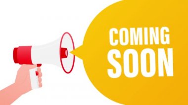 Yakında megafon sarısı afiş beyaz arka planda 3 boyutlu olacak. Hareket grafikleri.