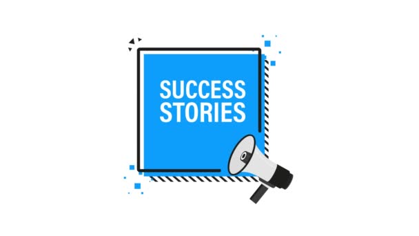 Storie di successo banner blu megafono in stile 3D su sfondo bianco. Grafica del movimento. — Video Stock