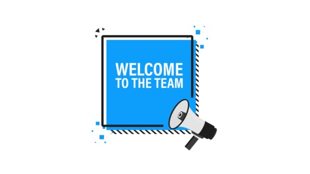 Willkommen im Team-Megafon blaues Banner im 3D-Stil auf weißem Hintergrund. Bewegungsgrafik. — Stockvideo