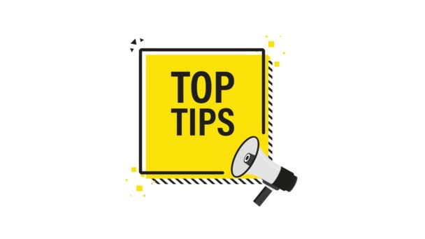 Top συμβουλές megaphone κίτρινο πανό σε 3D στυλ σε λευκό φόντο. Γραφικά κίνησης. — Αρχείο Βίντεο