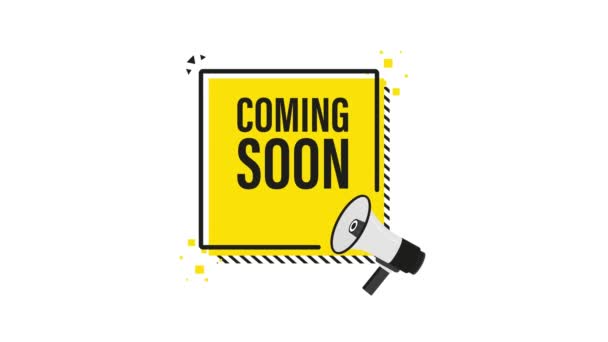 Coming soon megaphone yellow banner in 3D style on white background. Motion graphics. — Stock Video